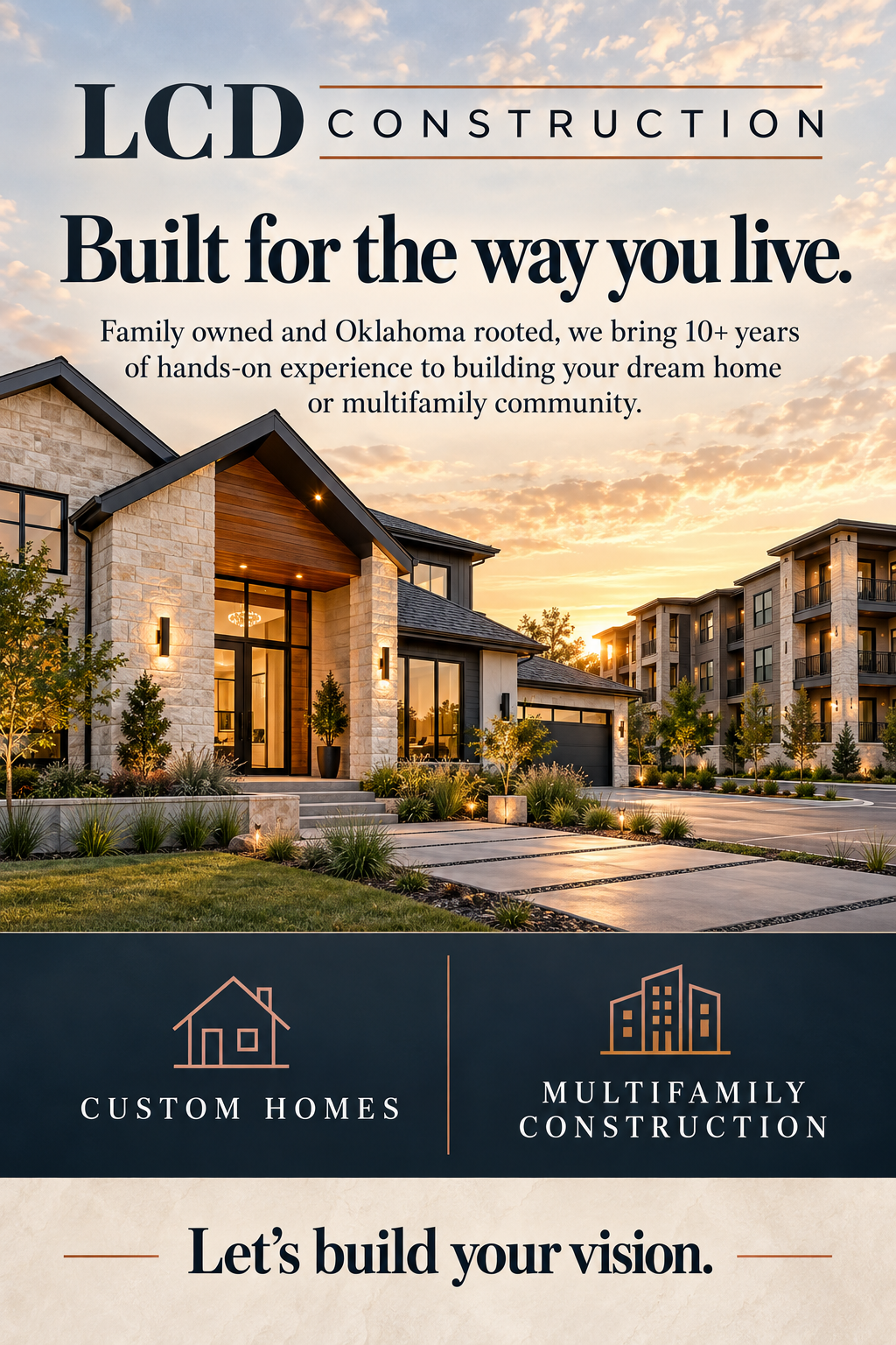 Architectural concept showing a custom home and a multifamily community at sunset